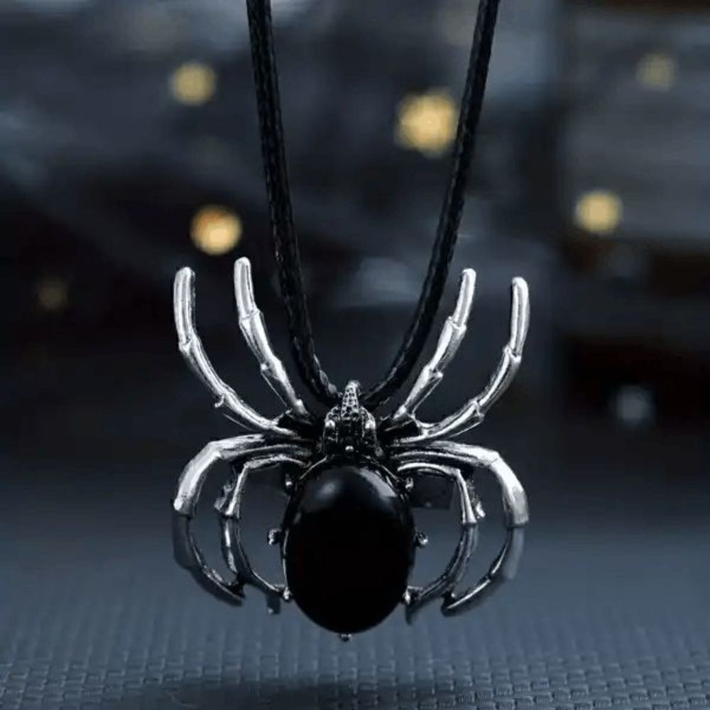 Gothic Halloween Obsidian Spider Pendant Necklace Brooch